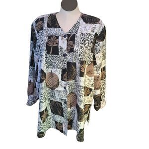 Vintage EHL Women's 22W Baroque Leaf Print Button Up Blouse White Brown Black